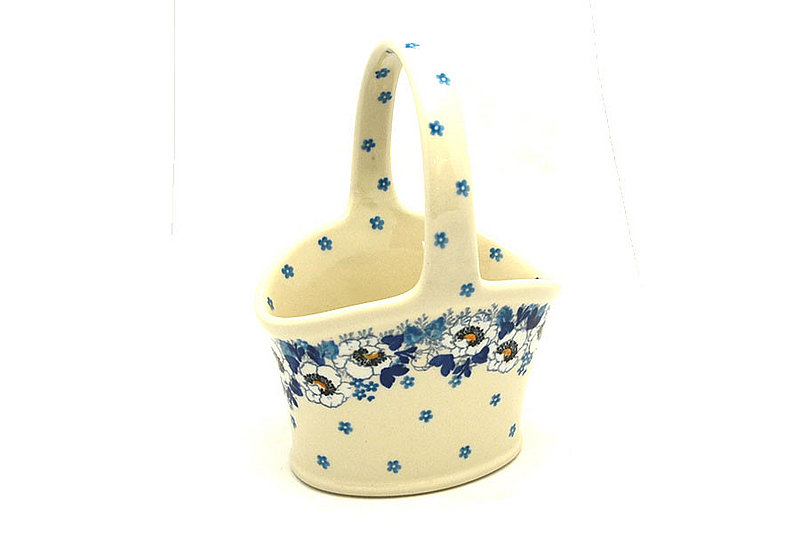 7 3/8"H x 4 1/8"W x 5 1/8"L
 Polish Pottery Basket - Small Hand - White Poppy A30-2222a (7 3/8"H x 4 1/8"W x 5 1/8"L
)