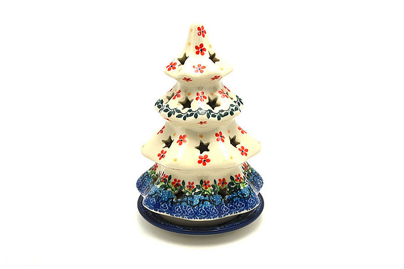 7"H x 4 1/2"W
 Polish Pottery Christmas Tree Luminarz - Medium (7") - Cherry Jubilee 513-2284a (7"H x 4 1/2"W
)