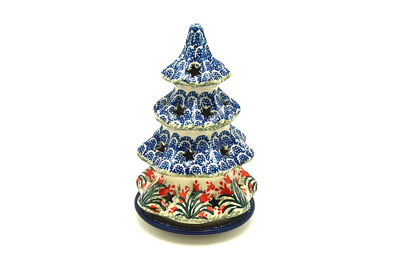 7"H x 4 1/2"W
 Polish Pottery Christmas Tree Luminarz - Medium (7") - Crimson Bells 513-1437a (7"H x 4 1/2"W
)
