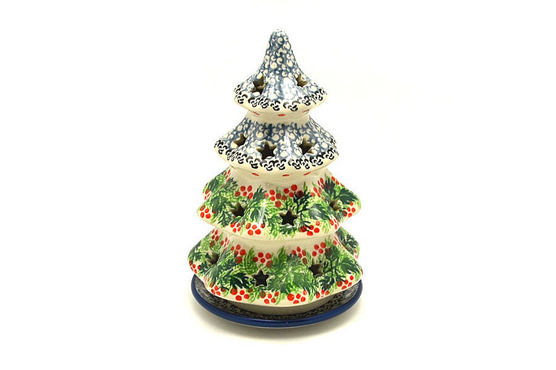 7"H x 4 1/2"W
 Polish Pottery Christmas Tree Luminarz - Medium (7") - Holly Berry 513-1734a (7"H x 4 1/2"W
)