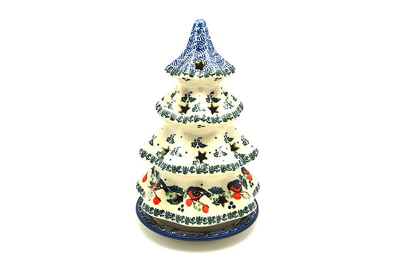 8"H x 5"W
 Polish Pottery Christmas Tree Luminarz - Large (8") - Red Robin 602-1257a (8"H x 5"W
)
