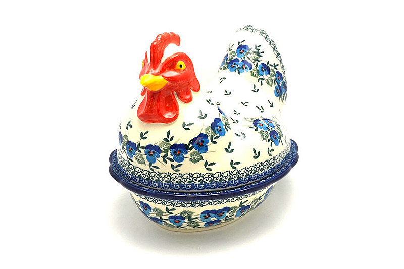 8"H x 8"W x 9 1/2"L (2 5/8"H base)
 Polish Pottery Covered Baker - Rooster - Winter Viola D43-2273a (8"H x 8"W x 9 1/2"L (2 5/8"H base)
)