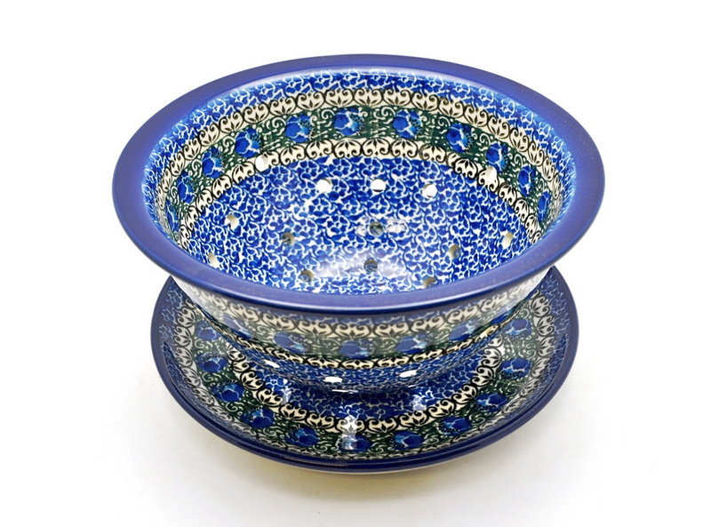 bowl: 4"H x 8"W
 Polish Pottery Berry Bowl with Saucer - Peacock Feather 470-1513a (bowl: 4"H x 8"W
)