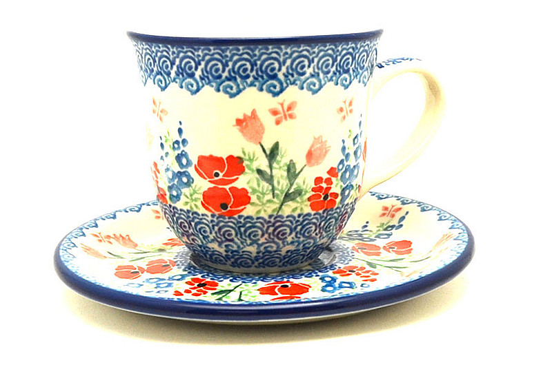 Ceramika Artystyczna Polish Pottery 8 oz. Cup & Saucer - Whimsical Garden B66-3220a (Ceramika Artystyczna)