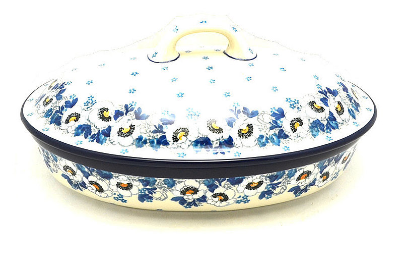 Ceramika Artystyczna Polish Pottery Baker - Oval Covered - Large - White Poppy A18-2222a (Ceramika Artystyczna)