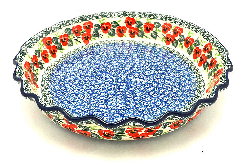 Ceramika Artystyczna Polish Pottery Baker - Pie Dish - Fluted - Red Pansy 636-2538a (Ceramika Artystyczna)
