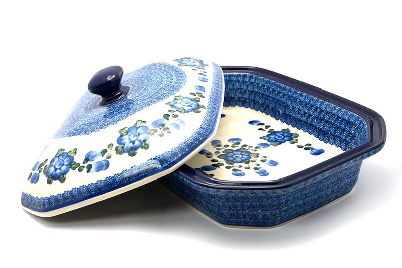 Polish Pottery Baker - Rectangular Covered - Large - Blue Poppy