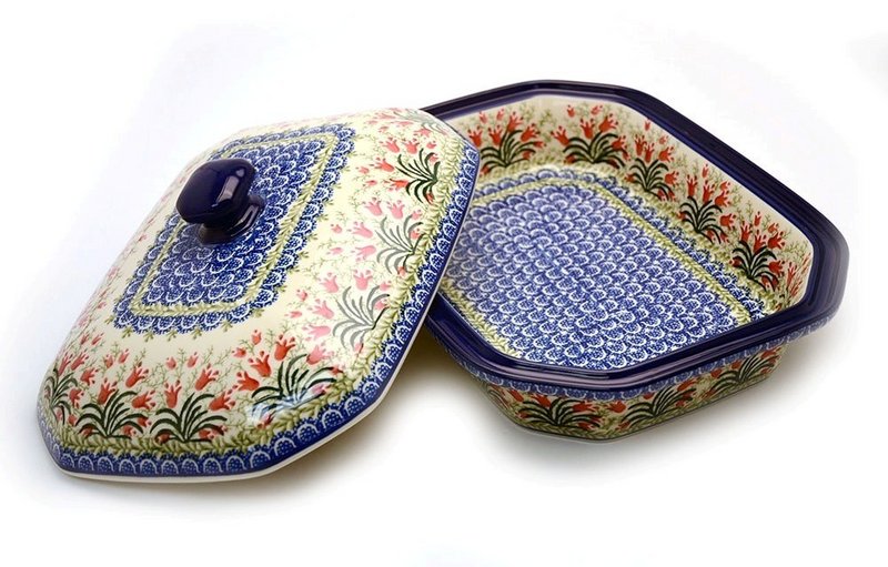 Ceramika Artystyczna Polish Pottery Baker - Rectangular Covered - Large - Crimson Bells 665-1437a (Ceramika Artystyczna)