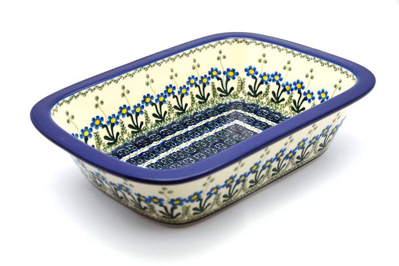 Polish Pottery Baker - Rectangular with Grip Lip - Blue Spring Daisy