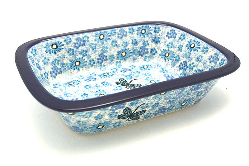 Polish Pottery Baker - Rectangular with Grip Lip - Misty Dragonfly