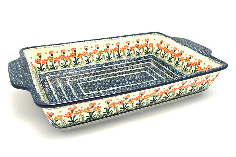 Ceramika Artystyczna Polish Pottery Baker - Rectangular with Tab Handles - 12 cups - Peach Spring Daisy A56-560a (Ceramika Artystyczna)
