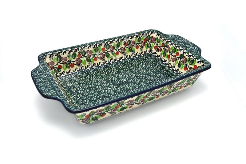Polish Pottery Baker - Rectangular with Tab Handles - 7 cups - Burgundy Berry Green