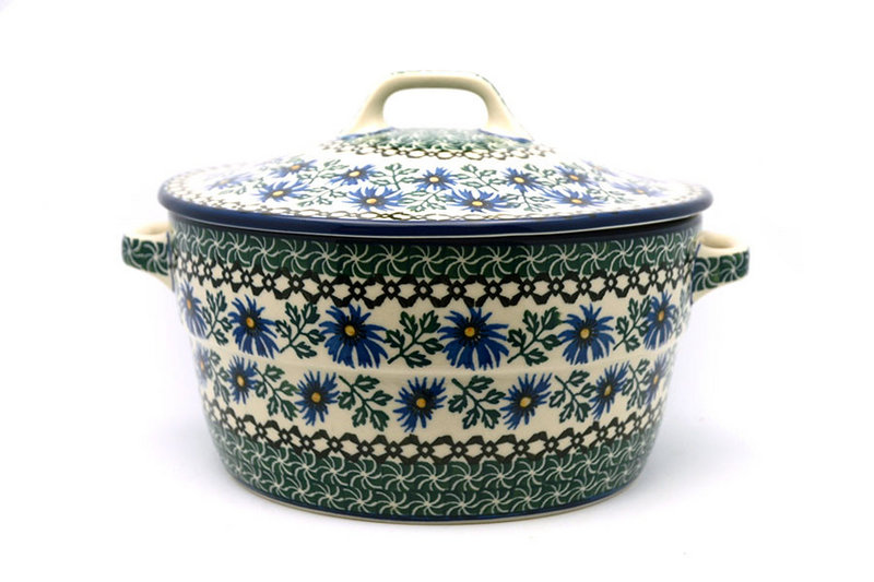 Polish Pottery Baker - Round Covered Casserole - Blue Chicory