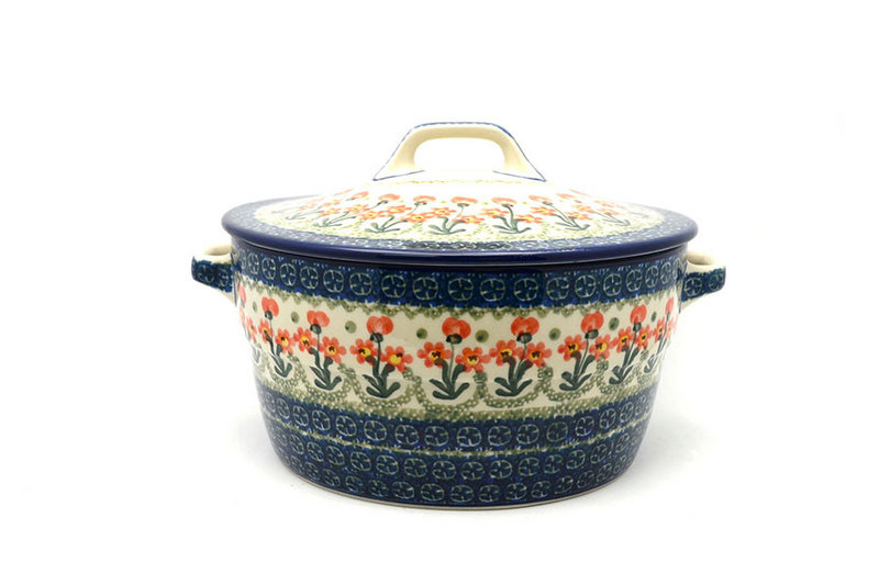 Polish Pottery Baker - Round Covered Casserole - Peach Spring Daisy