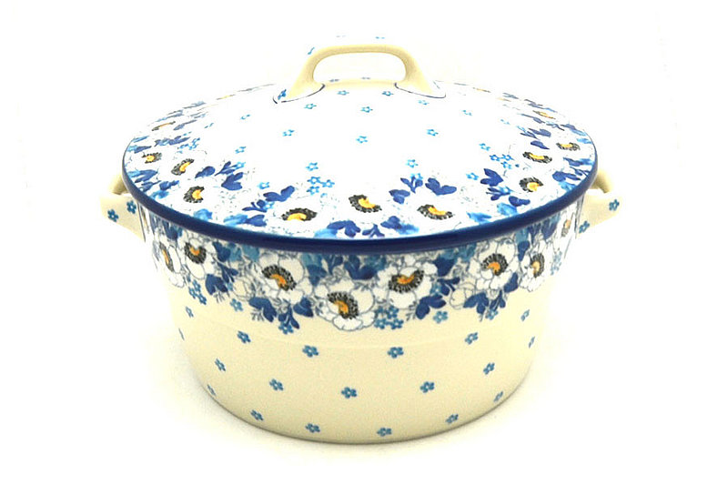 Polish Pottery Baker - Round Covered Casserole - White Poppy