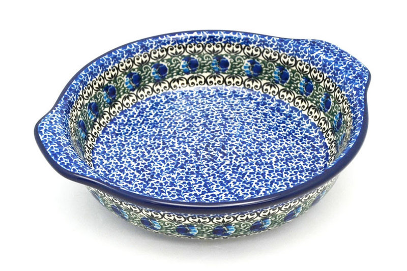 Ceramika Artystyczna Polish Pottery Baker - Round with Grips - Medium - Peacock Feather 141-1513a (Ceramika Artystyczna)