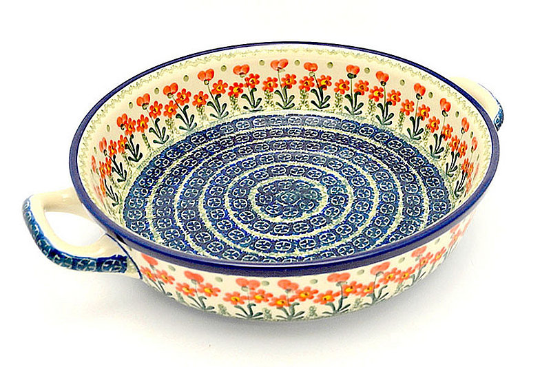 Polish Pottery Baker - Round with Handles - 10" - Peach Spring Daisy