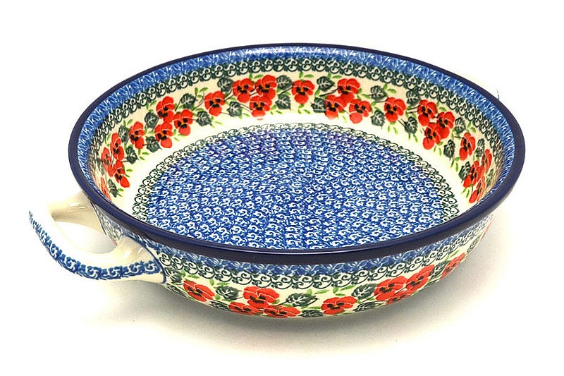 Ceramika Artystyczna Polish Pottery Baker - Round with Handles - 10" - Red Pansy 420-2538a (Ceramika Artystyczna)