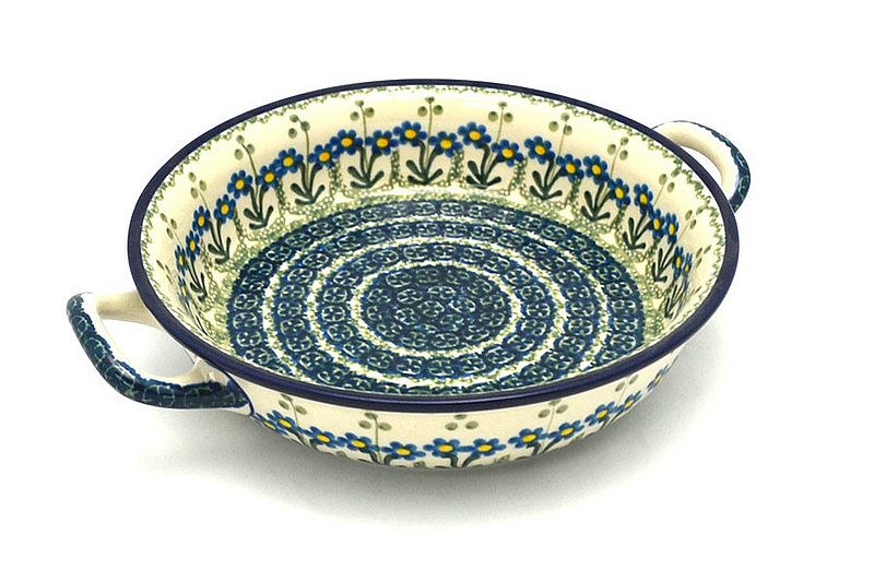 Polish Pottery Baker - Round with Handles -  8" - Blue Spring Daisy