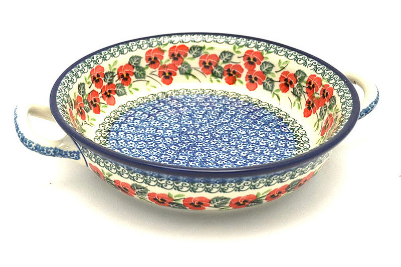 Polish Pottery Baker - Round with Handles -  8" - Red Pansy