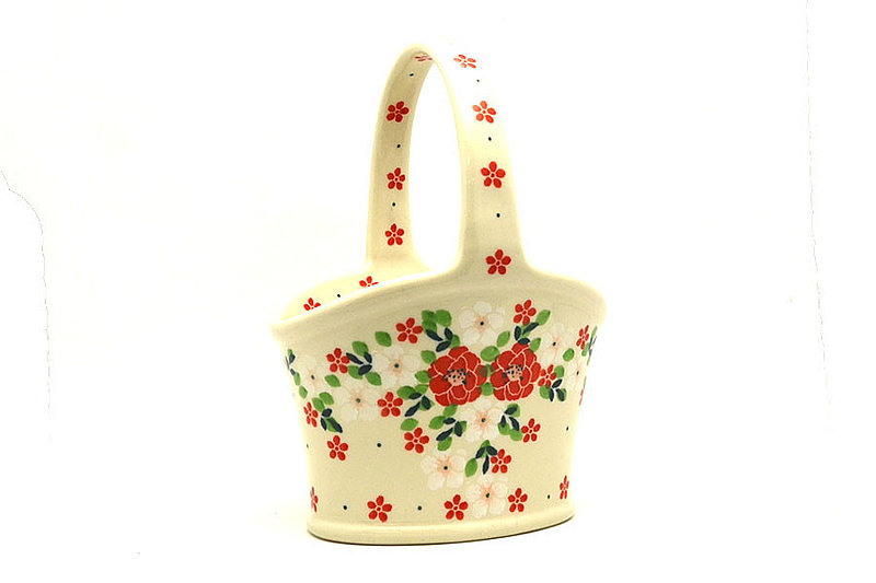 Polish Pottery Basket - Small Hand - Ruby Bouquet