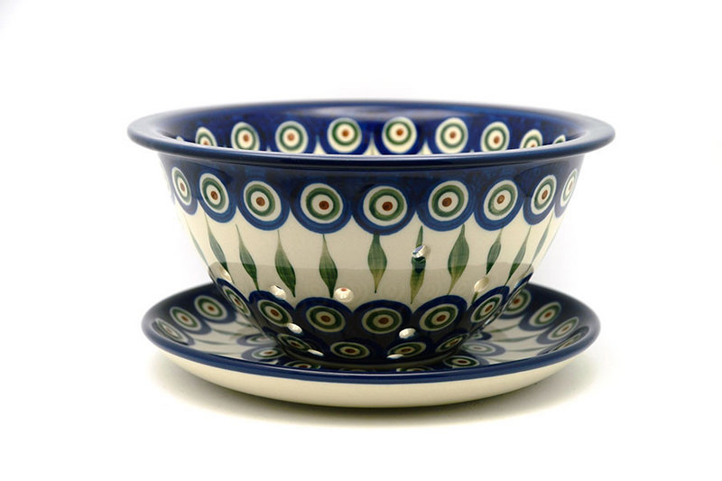 Polish Pottery Berry Bowl with Saucer - Peacock