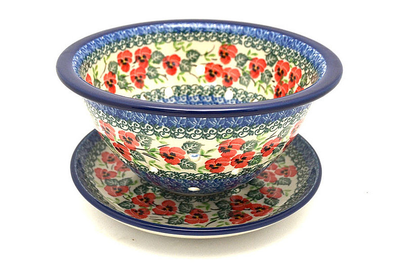 Polish Pottery Berry Bowl with Saucer - Red Pansy