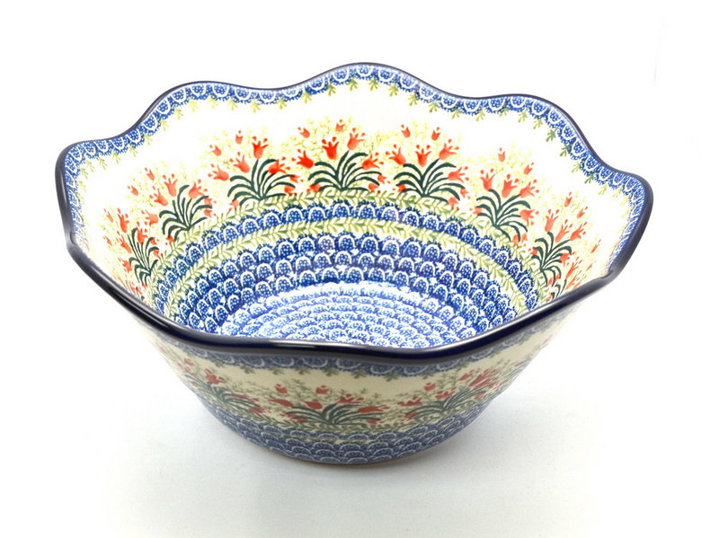 Polish Pottery Bowl - Curvy Edge - 12" - Crimson Bells