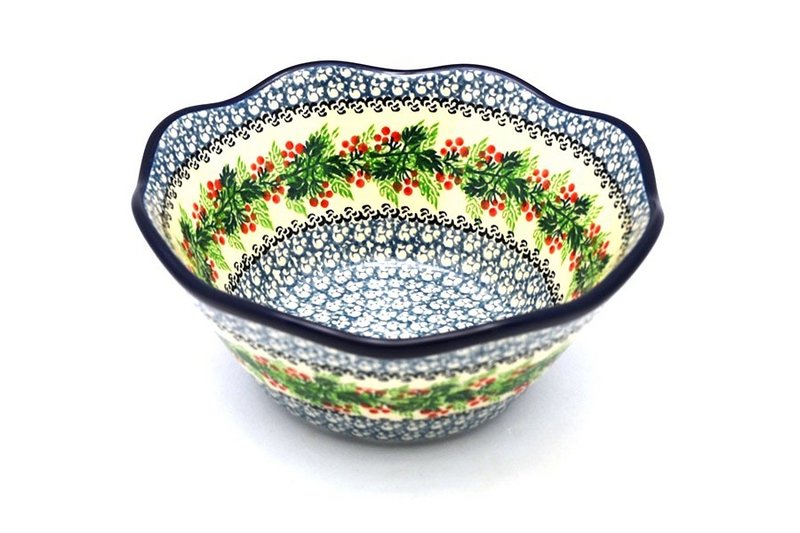 Polish Pottery Bowl - Curvy Edge - 8" - Holly Berry