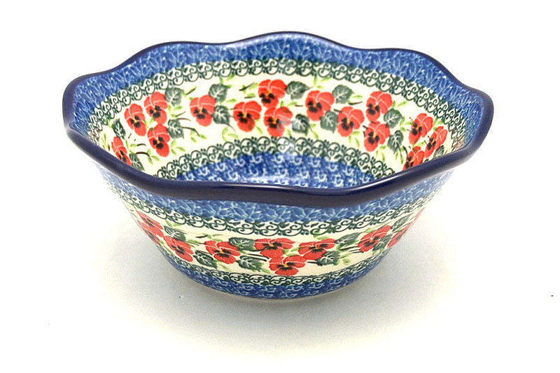 Polish Pottery Bowl - Curvy Edge - 8" - Red Pansy