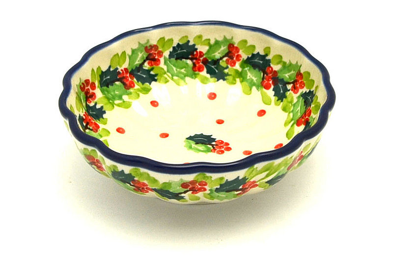 Polish Pottery Bowl - Shallow Scalloped - Small - Christmas Holly