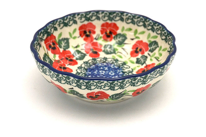 Polish Pottery Bowl - Shallow Scalloped - Small - Red Pansy