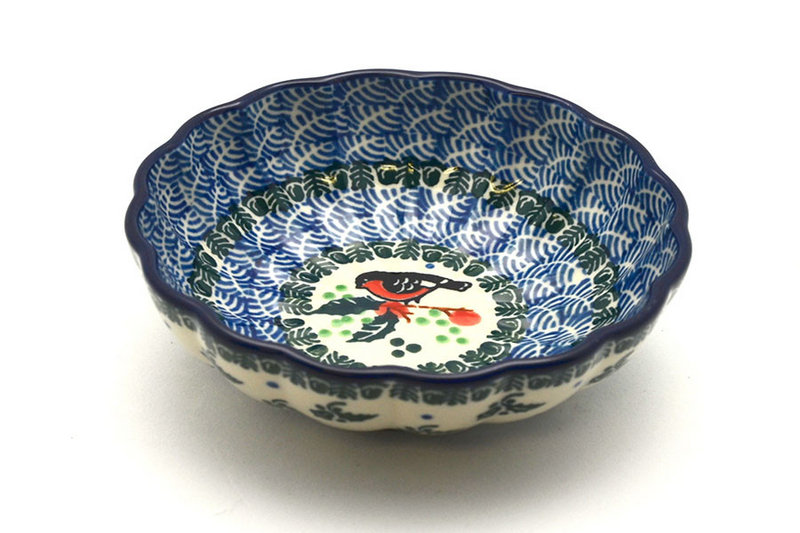 Polish Pottery Bowl - Shallow Scalloped - Small - Red Robin