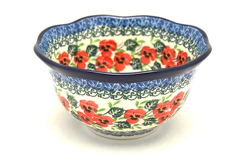 Ceramika Artystyczna Polish Pottery Bowl - Wavy Edge - Red Pansy A54-2538a (Ceramika Artystyczna)