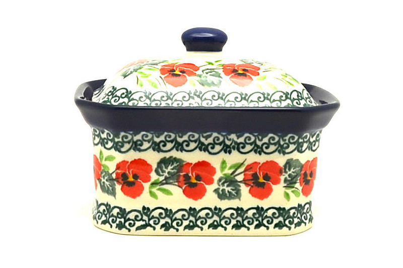 Ceramika Artystyczna Polish Pottery Cake Box - Small - Red Pansy 385-2538a (Ceramika Artystyczna)