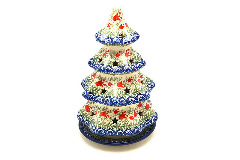 Polish Pottery Christmas Tree Luminarz - Large (8") - Crimson Bells