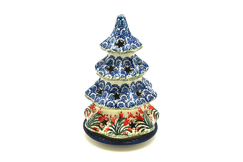 Polish Pottery Christmas Tree Luminarz - Medium (7") - Crimson Bells
