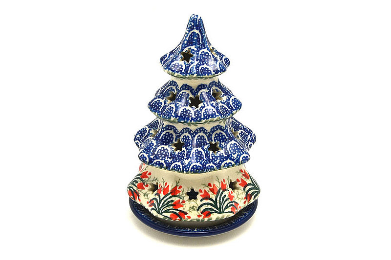 Polish Pottery Christmas Tree Luminarz - Small (6") - Crimson Bells