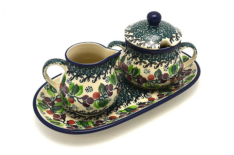 Ceramika Artystyczna Polish Pottery Cream & Sugar Set - Burgundy Berry Green 422-1415a (Ceramika Artystyczna)