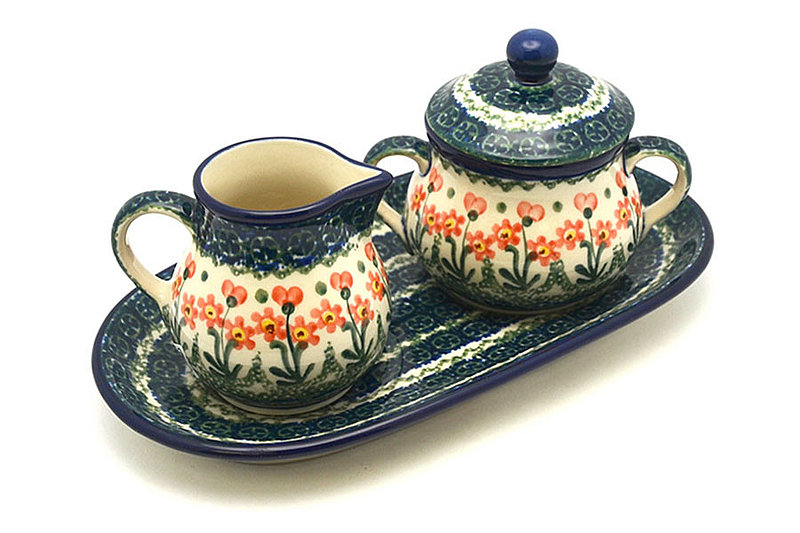 Ceramika Artystyczna Polish Pottery Cream & Sugar Set - Peach Spring Daisy 422-560a (Ceramika Artystyczna)