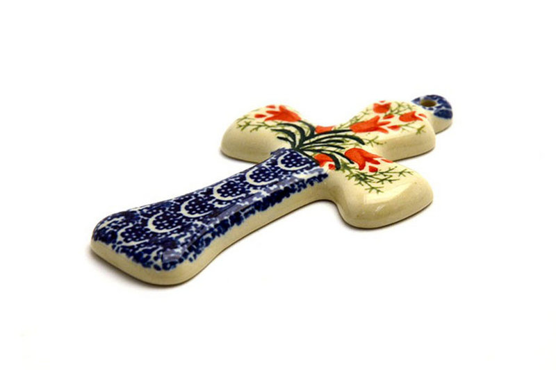 Polish Pottery Cross - Small (5") - Crimson Bells