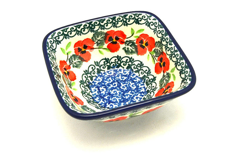 Ceramika Artystyczna Polish Pottery Dish - Deep Square Food Prep - Red Pansy D11-2538a (Ceramika Artystyczna)