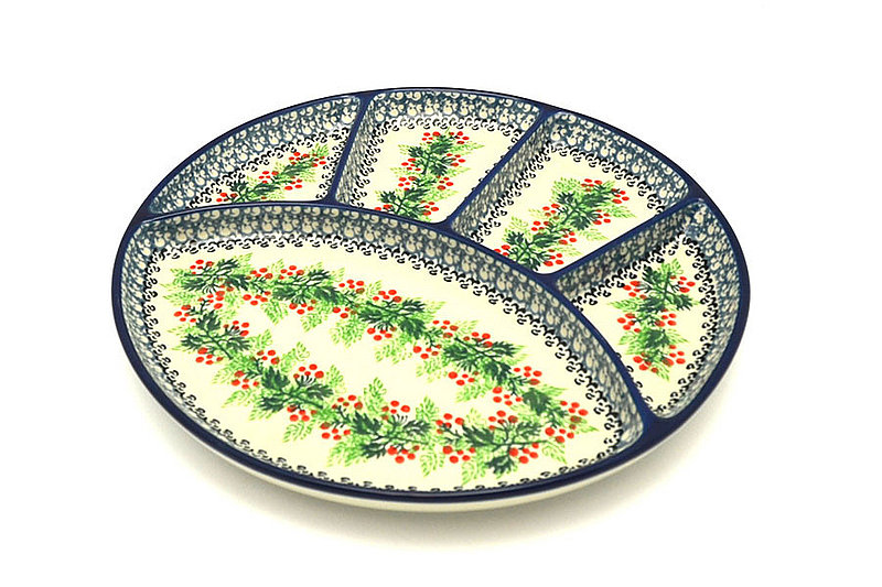 Polish Pottery Dish - Divided Appetizer - Holly Berry