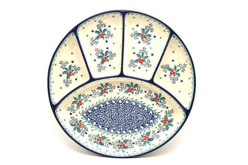 Ceramika Artystyczna Polish Pottery Dish - Divided Appetizer - Winter Holly 498-2973a (Ceramika Artystyczna)