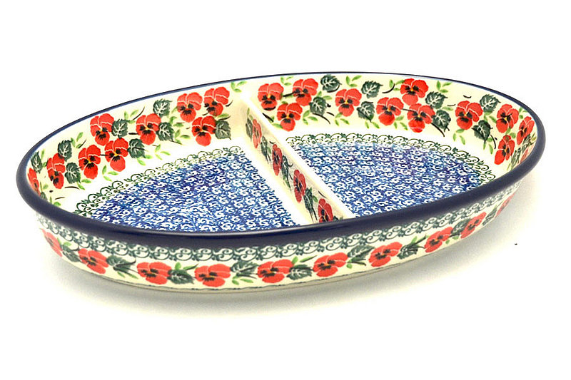 Ceramika Artystyczna Polish Pottery Dish - Divided Oval - Red Pansy 164-2538a (Ceramika Artystyczna)