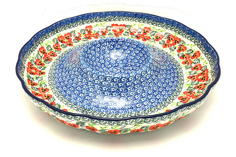 Ceramika Artystyczna Polish Pottery Dish - Vegetable and Dip - 12" - Red Pansy A23-2538a (Ceramika Artystyczna)
