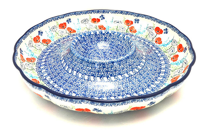 Ceramika Artystyczna Polish Pottery Dish - Vegetable and Dip - 12" - Red Poppy Garden A23-2901a (Ceramika Artystyczna)