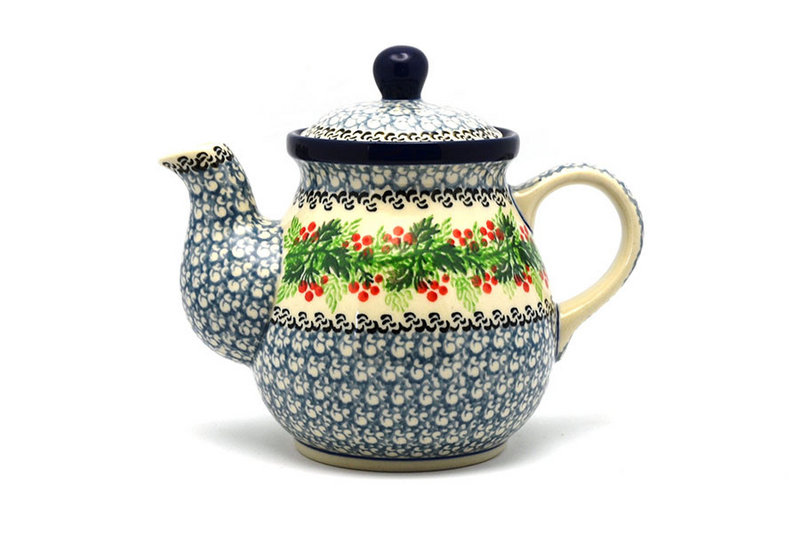 Polish Pottery Gooseneck Teapot - 20 oz. - Holly Berry