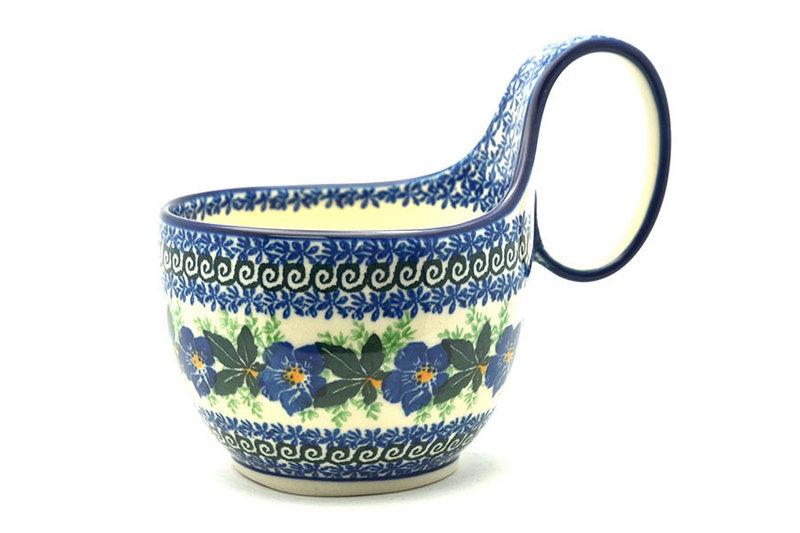 Polish Pottery Loop Handle Bowl - Blue Pansy