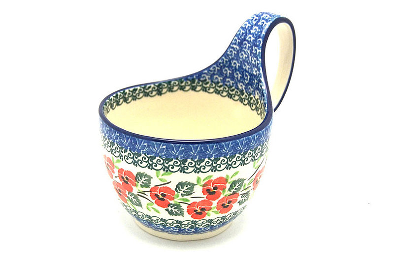 Ceramika Artystyczna Polish Pottery Loop Handle Bowl - Red Pansy 845-2538a (Ceramika Artystyczna)